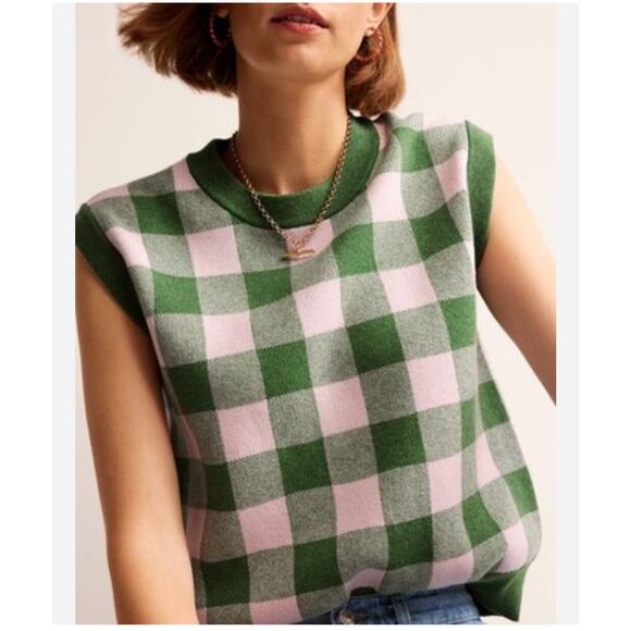 Women's Boden Pink Green Checkered Sweater Tank Top Sleeveless Size M - Picture 2 of 6